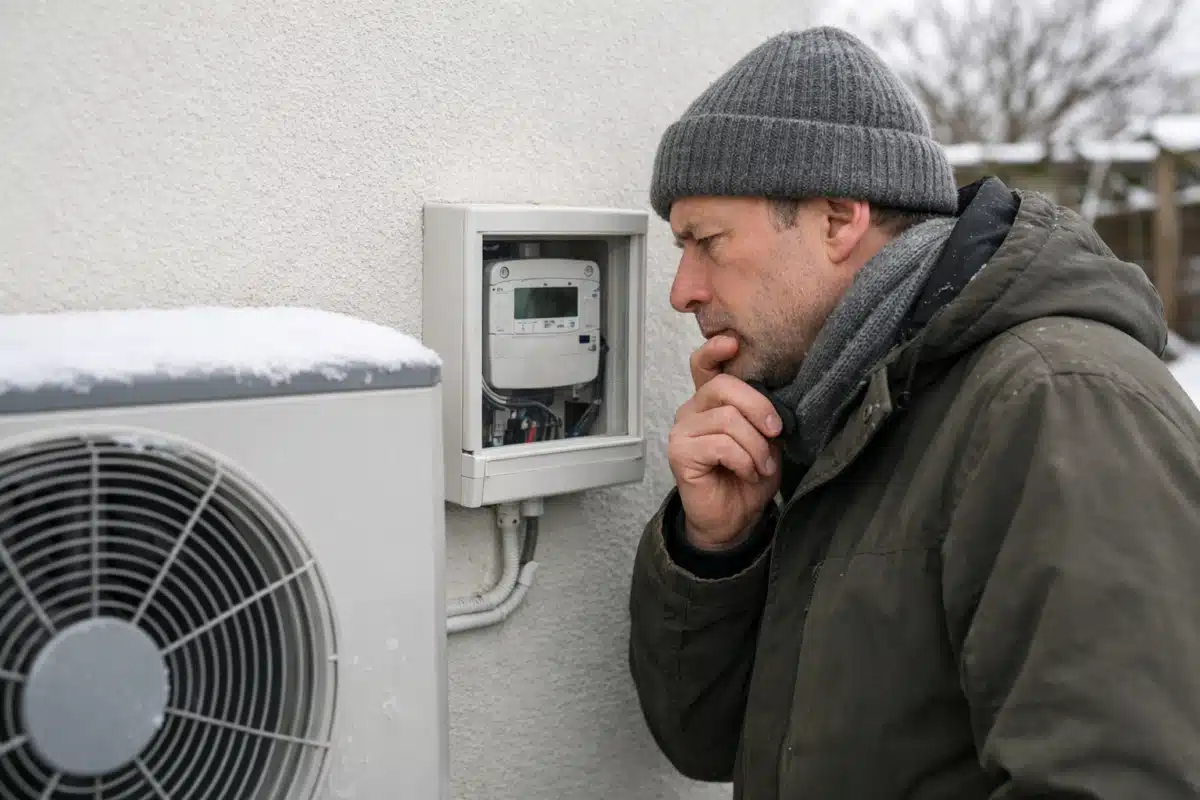 Pompe à chaleur en hiver avec indicateur de surconsommation énergétique et diagnostic des causes
