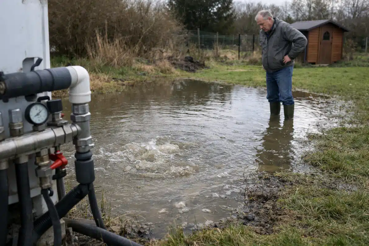 Homme en bottes inspectant une flaque d'eau.
