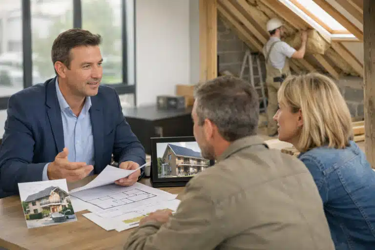 Homme en costume discutant avec un couple autour de documents