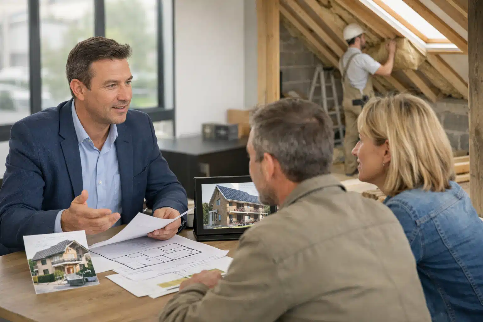 Homme en costume discutant avec un couple autour de documents
