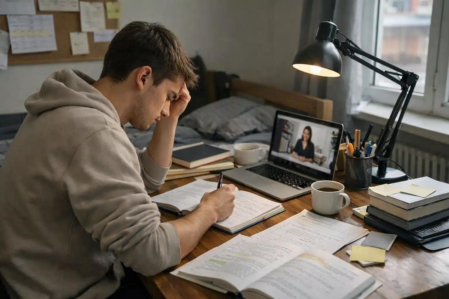 Étudiant concentré prenant des notes pendant visioconférence