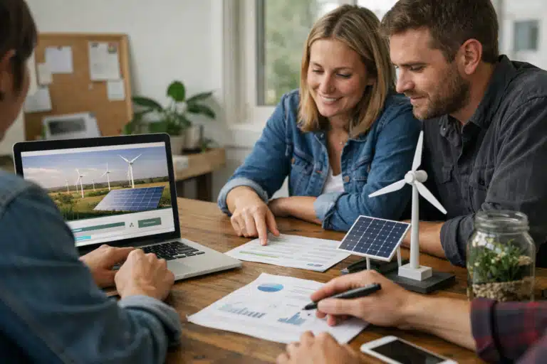 Trois personnes examinant maquettes de panneau solaire et éolienne