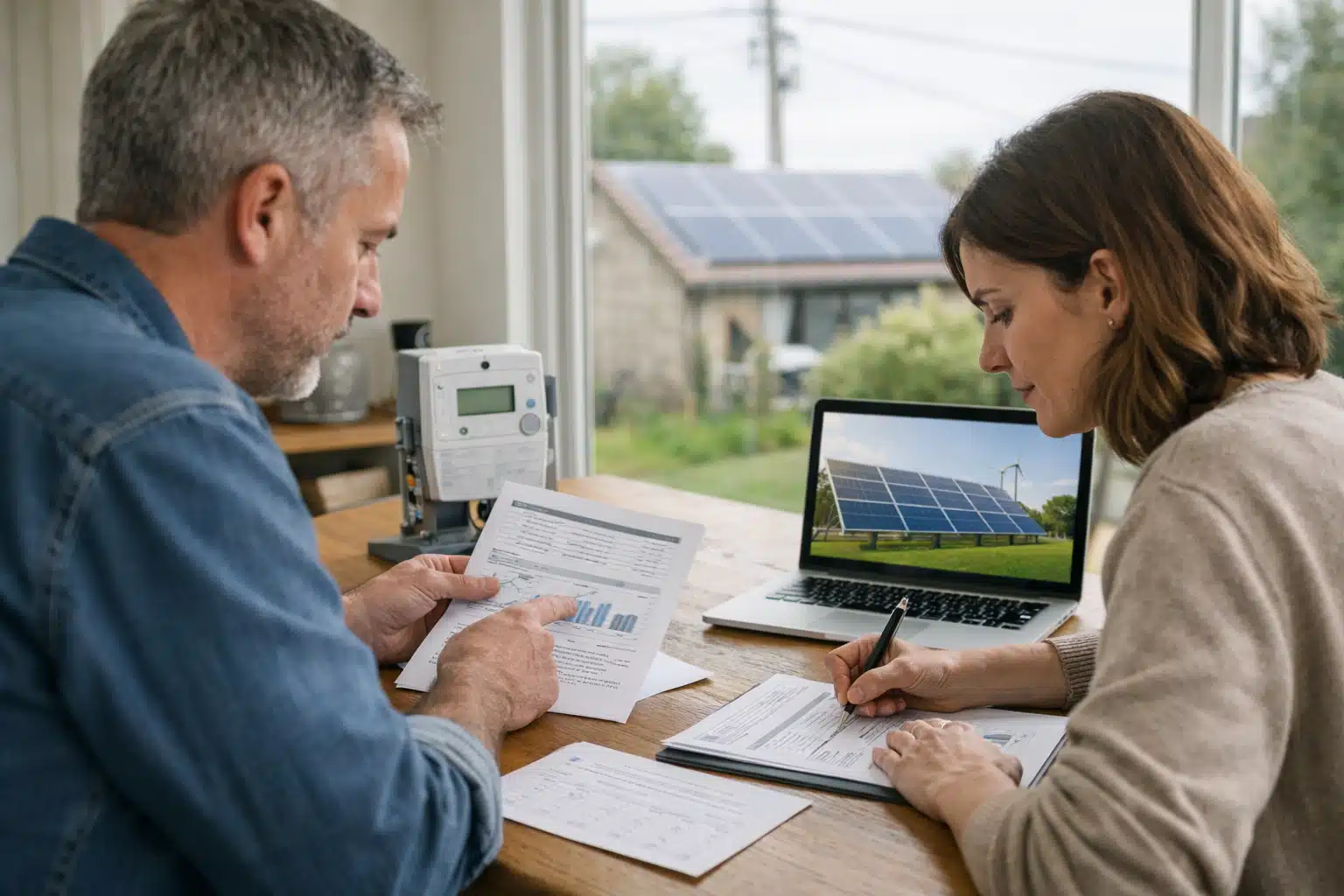 Couple examinant factures devant ordinateur montrant panneaux solaires