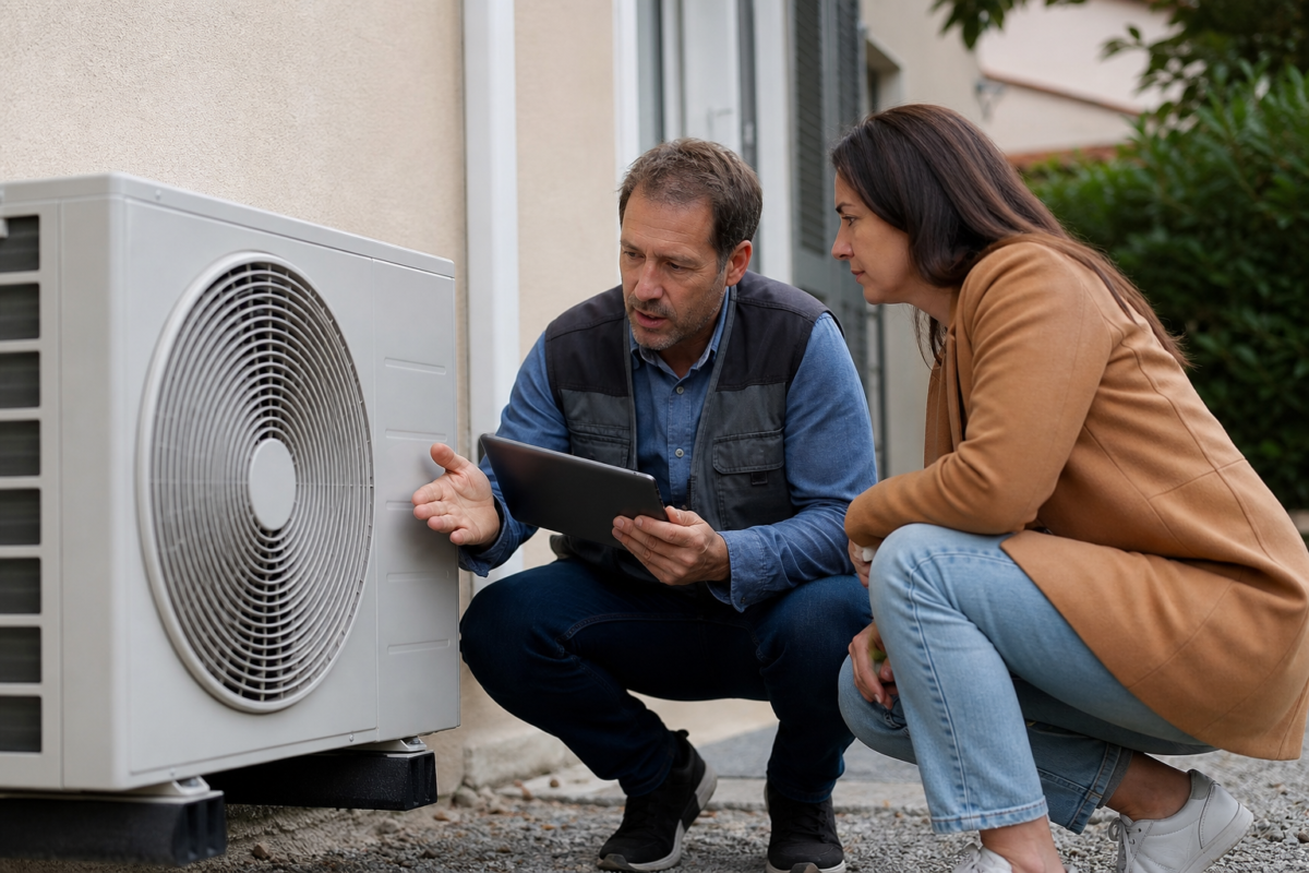 Technicien expliquant l'unité extérieure de climatisation à une femme