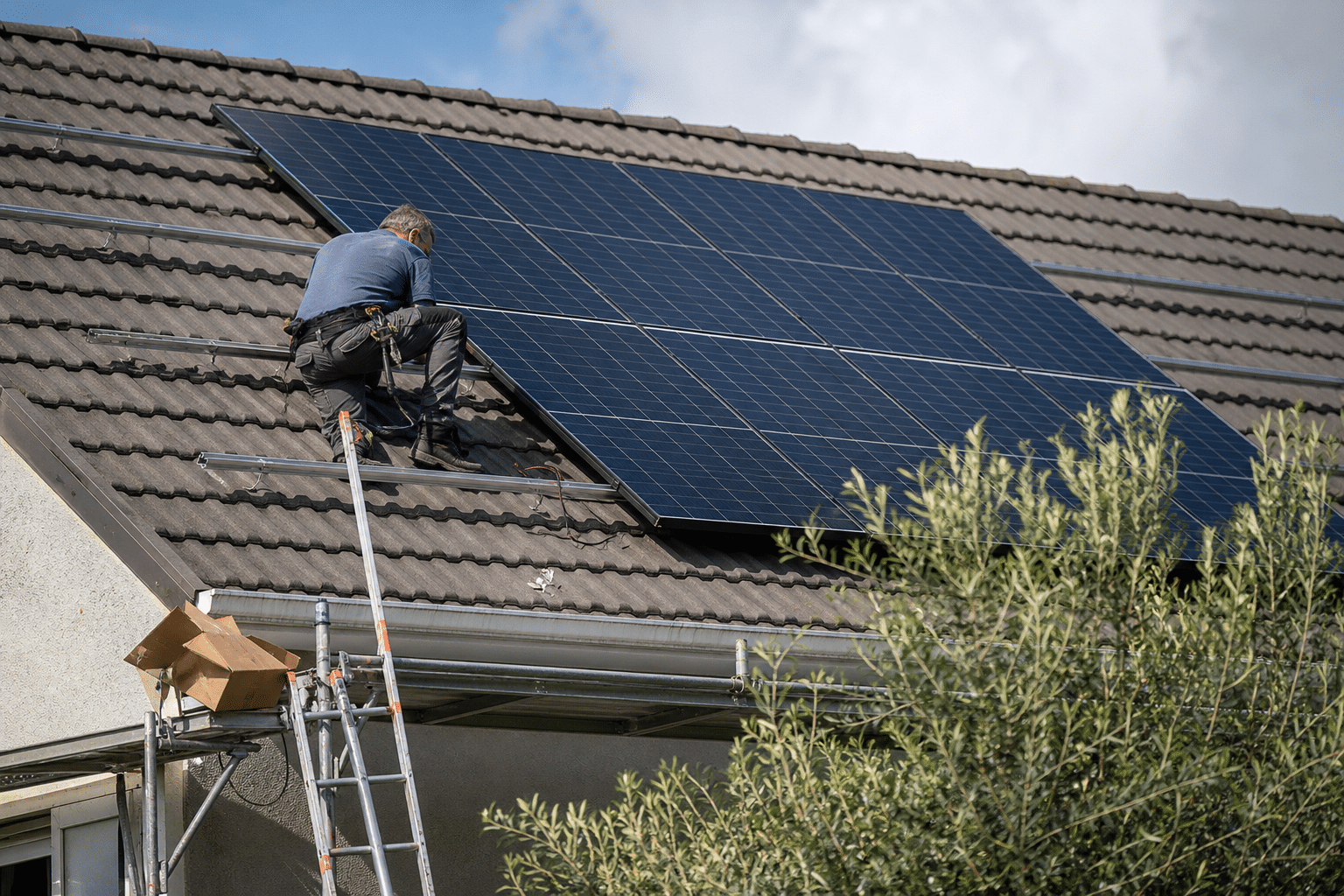 Technicien installant panneaux solaires sur toit en pente